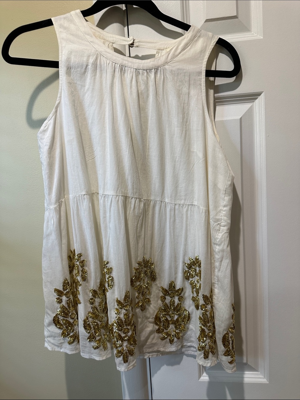 Maeve White Sleeveless Top with Gold Embroidery